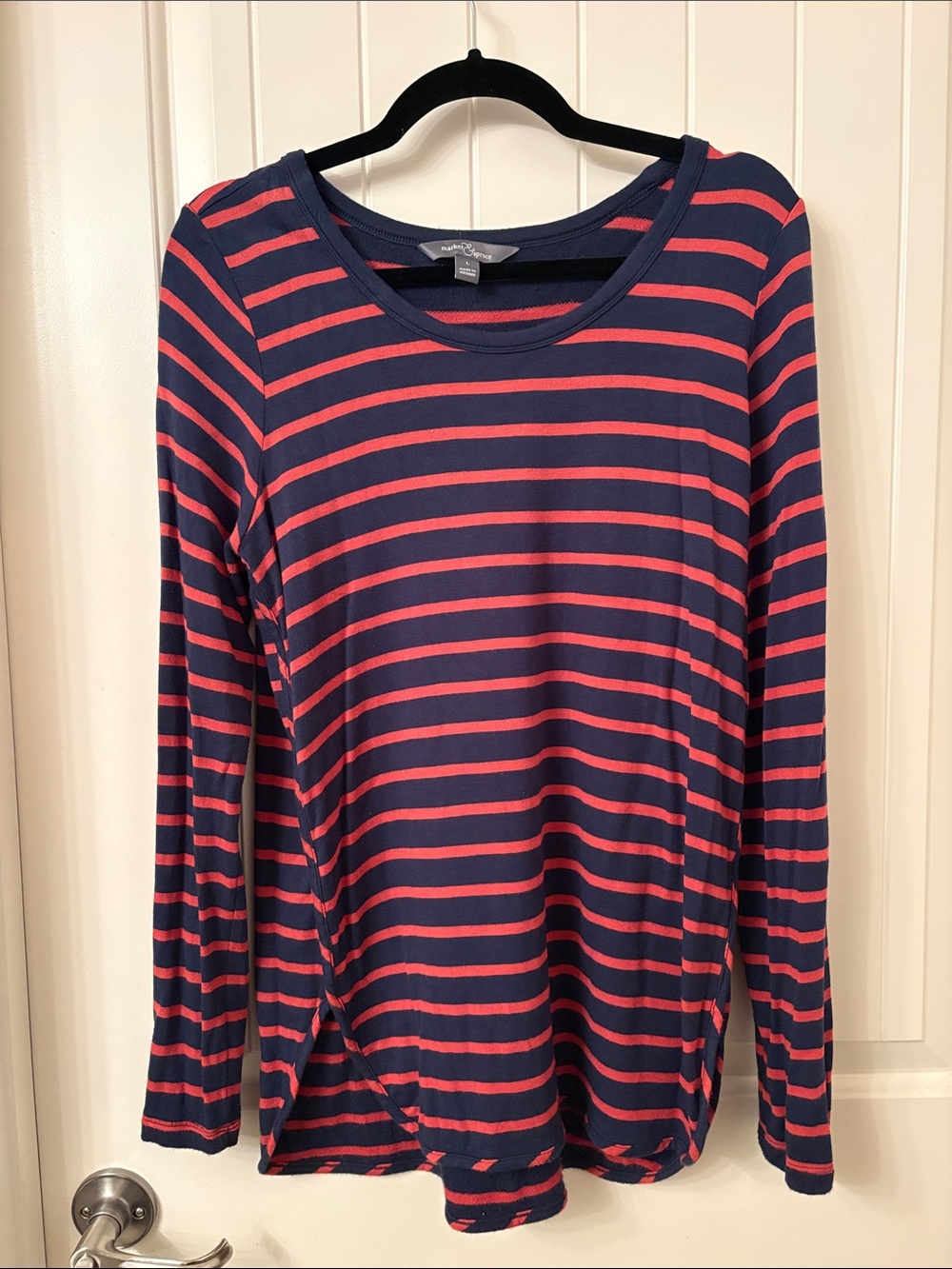Market & Spruce Navy and Burnt Orange Striped Long Sleeve Top